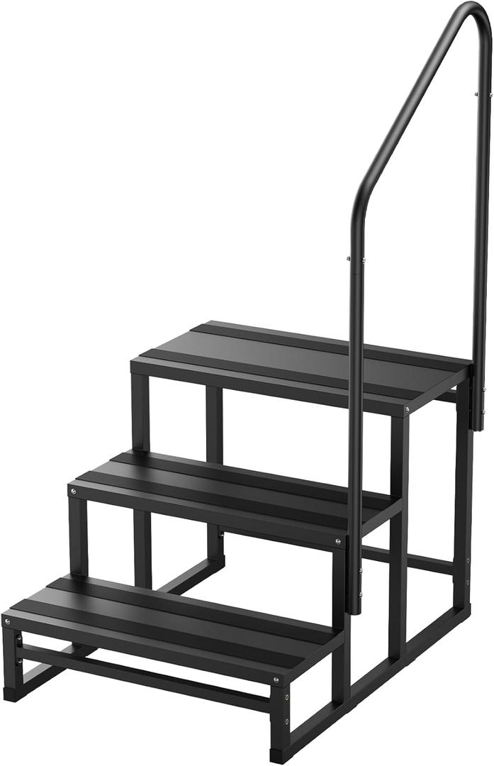 RV Steps with Handrail, 3 Steps RV Stairs w/Handrail for Elderly & Kids, Wide Platform for Hot Tub, Camper, Mobile Home, Porch, Pool, SPA, Pet Stairs, Outdoor and Indoor Use