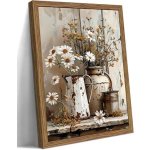 Country Wall Art, Farmhouse Pictures Wall Decor, Rustic Daisy Canvas Prints, Rusty Watering Can Art Paintings, Vintage Floral Artwork for Living Room Hallway Kitchen Bathroom Decor, Framed 16x24 In