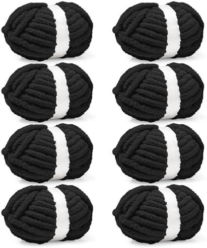 Inhand 8 Pack Chunky Chenille Yarn for Crocheting–30.6 Yards, 7.7oz, Soft Fluffy Thick Yarn,Gifts for Men/Women Birthday Christmas Unique,Hand Knitting for Blankets&DIY Crafts (Black)