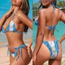 Women's 3 Piece Swimsuits Sexy Halter Triangle Side Tie Thong Bikini Set with Sarong Cover Ups (Blue, L)