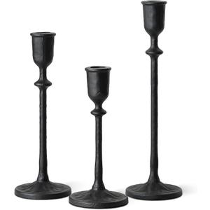 Antique Candlestick Holders Set of 3, Cast Iron Taper Candle Holder for Dining Table Centerpiece, Wedding, Fireplace Mantel Decor, Vintage Tall Candle Stands, Christmas Decorations, Matte Black