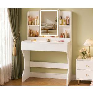 White Small Vanity Desk with Mirror and 3 Adjustable Light Modes, 31.5" D x 15.7" W x 50.8" H