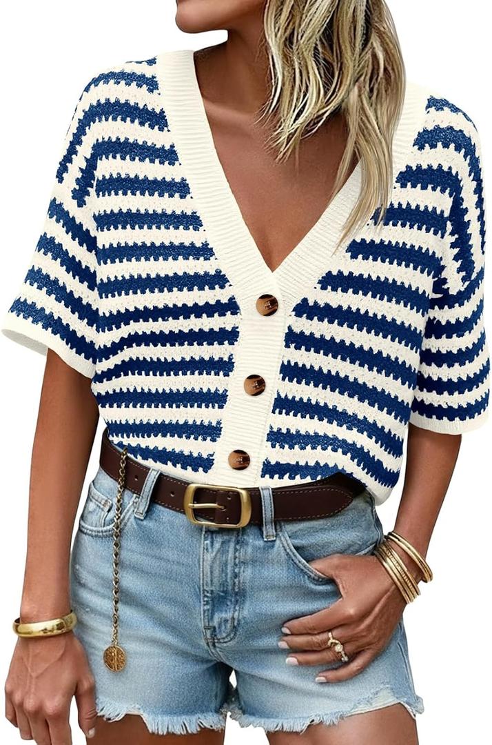Saodimallsu Womens Short Sleeve Striped Cardigan Sweaters Crochet Knit Button Down Shirts V Neck Spring Summer Tops (Blue, XL)