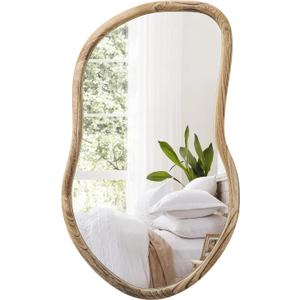 Irregular Wall Mirror Wood Asymmetrical Mirror Large Bathroom Vanity Mirrors Natural Wood Framed Abstract Mirrors for Wall Living Room Bedroom Decorative 30"L x 18"W