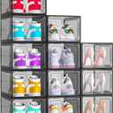 ARSTPEOE 12 Pack Upgrade Harder Shoe Organizer, Shoe Storage with Magnetic Front Door, Clear Shoe Boxes Foldable Space-Saving Shoe Rack for Sneaker Boot Container, Black