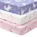 Baby Mini Crib Sheets Girl, Portable 38x26 Pack and Play Sheets Fitted for Playard and Pack N Play Mattress, 3-Pack Soft Microfiber Pink Purple Rainbow