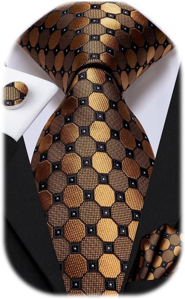 Dubulle Mens Tie Set Solid Paisley Silk Striped Necktie for Men with Cufflinks Tie and Pocket Square (A Black Brown Bronze)