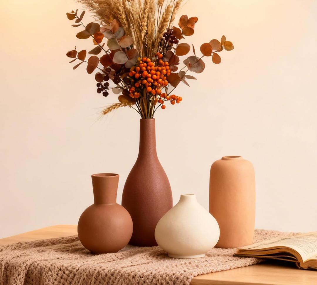Ceramic Vase Home Decor Small Flowers Vase Set of 4 Living Room Decoration Bookshelf Bedroom Office Kitchen Dining Table Modern Farmhouse