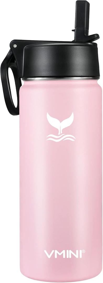 Vmini Water Bottle , Wide Rotating Handle Straw Lid, Wide Mouth Vacuum Insulated Stainless Steel Water Bottle, Gradient Pink+Pink, 12 oz