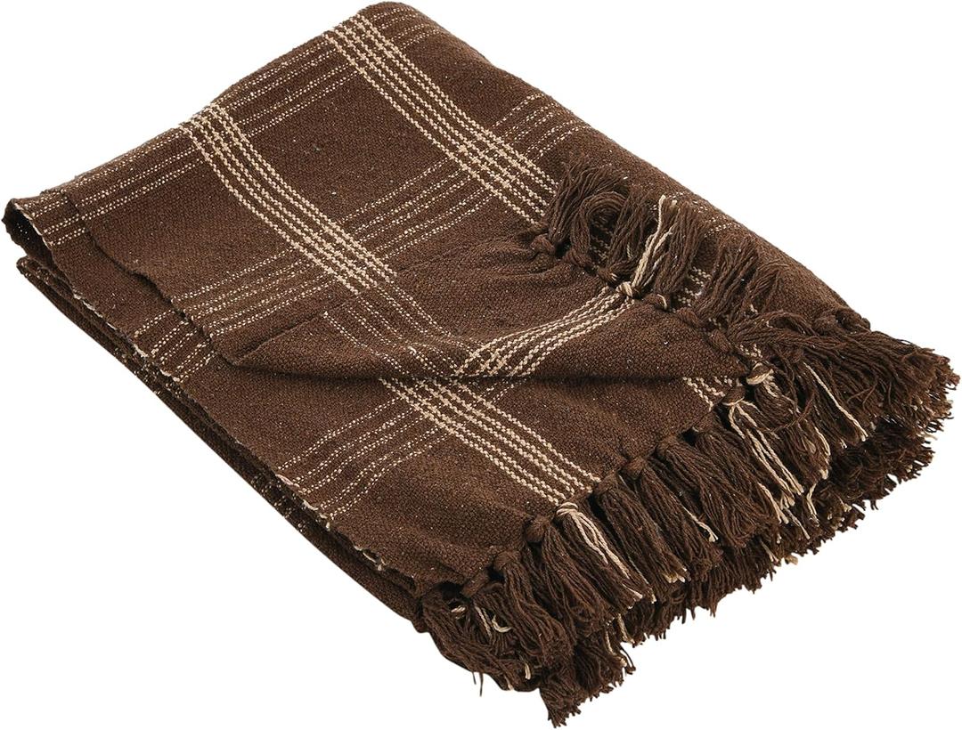 Creative Co-Op Recycled Cotton Blend Throw Blanket with Fringe, Brown Plaid (One Size)