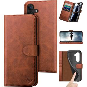 DuckSky Compatible with Samsung Galaxy S25 Genuine Leather Wallet caseRFID Blocking4 Credit Card HolderReal Leather Flip Folio Book Phone case Cover Women Men for Samsung S25 case Light Brown