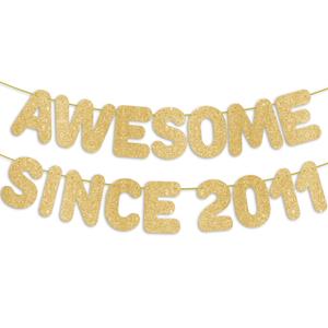 2 x Pre-Strung Awesome Since 2011 Gold Glitter Banner, Happy 15th Birthday Decorations for Girl, 15 Year Old Anniversary Party Decor for Boy