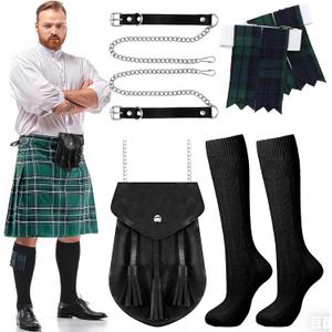 Arrowbash 3 Pcs Men Scottish Kilt Accessories Irish Traditional Scottish Socks Tartan Hose Flashes Sporran (Not Include Kilt)