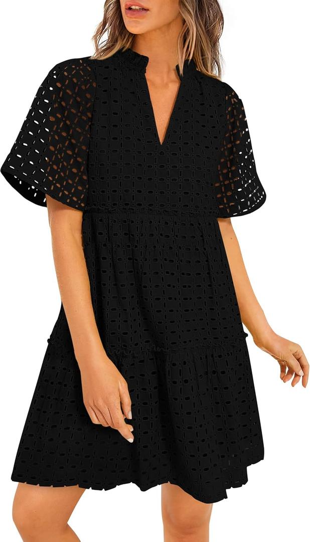PRETTYGARDEN Eyelet Dresses for Women 2026 Summer Short Sleeve V Neck Hollow Out Ruffle A Line Boho Beach Vacation Mini Dress (Black, S)