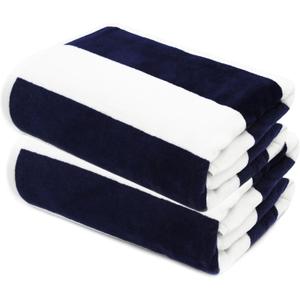 COTTON CRAFT Oversized Beach Towels - Set of 2 - XXL 35x84 The Big Kahuna 7 Foot Extra Large Beach Blanket Towel - Big & Tall - Huge 100% Cotton Velour Soft Luxury Pool Bath Towel - Cabana Stripe Navy (2 Pack)