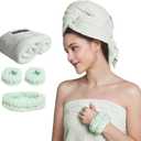 Large Microfiber Hair Towel with Spa Headband and Face Washing Wristbands Set| Super Absorbent, Anti-Frizz Hair Drying Towel for Wet, Long, Curly Hair, Light Green (42" x 24.5")