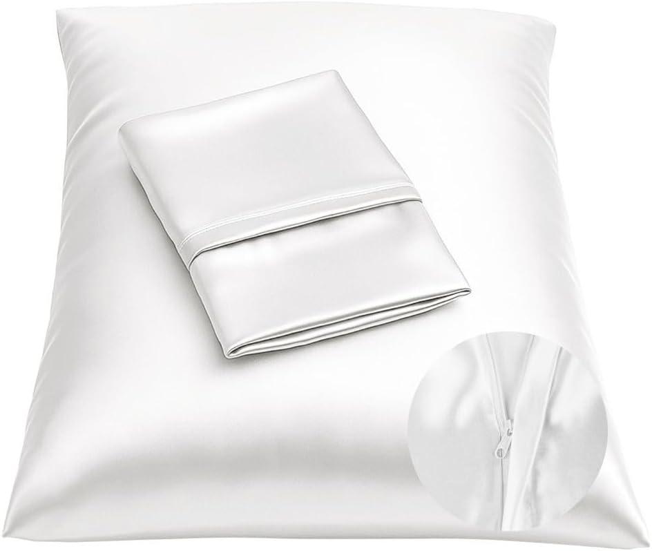 BLISSFORD Satin Pillowcase with Zipper for Hair and Skin Care, Feels Soft and Cool Like a Silk Pillowcase, White Satin Pillow Cases 2 Pack, Slik Pillow Cover, King Size - Set of 2