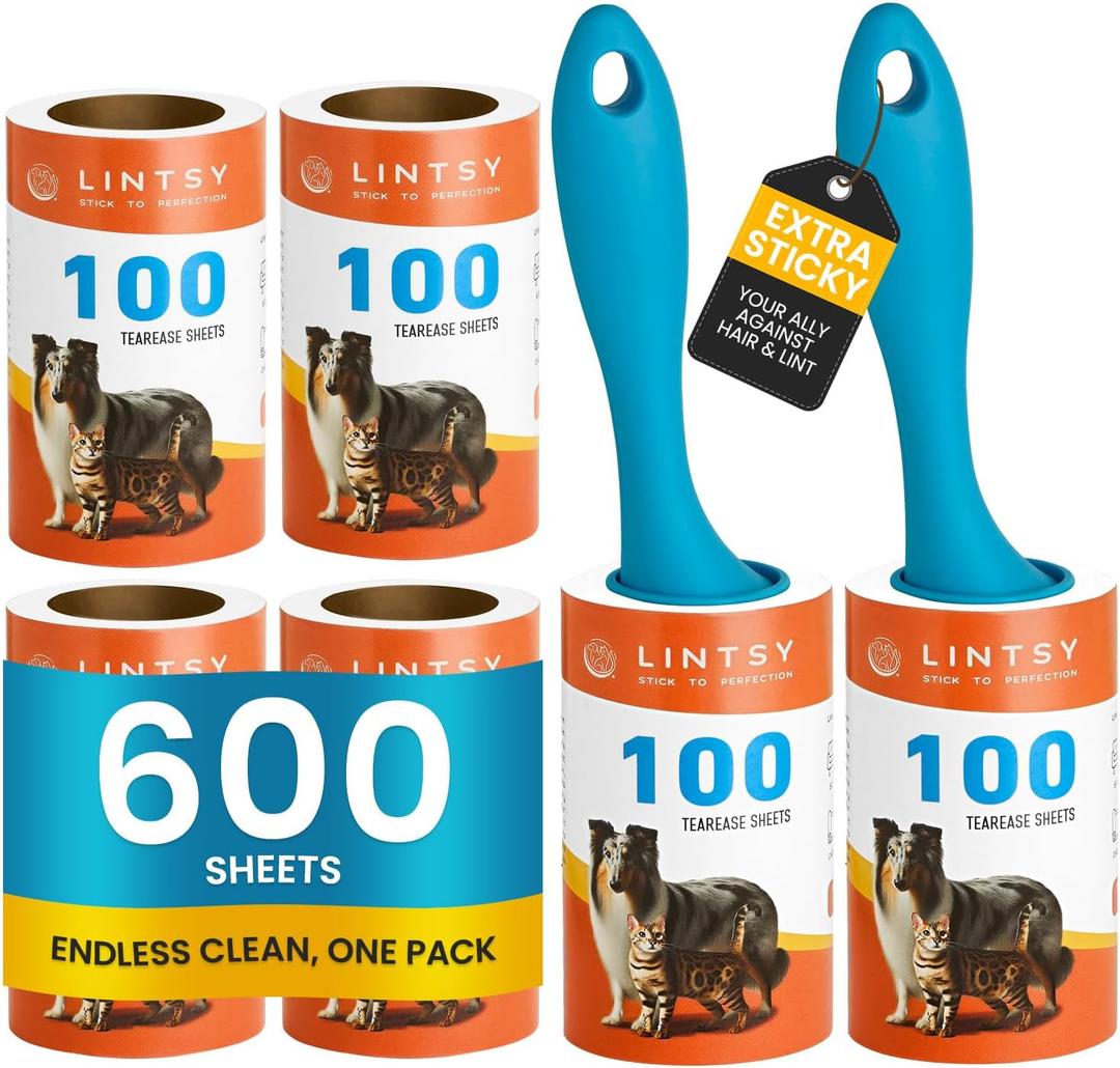Extra Sticky Lint Roller Mega Value Set  600 Sheets, 6 Refills & 2 Handles  Pet Hair Remover for Clothes, Furniture & Laundry  Reusable Lint Roller for Dog & Cat Hair, Travel-Friendly