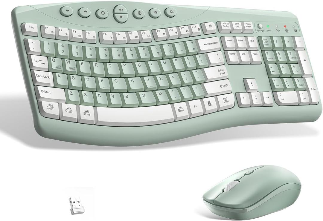 Wireless Keyboard and Mouse Combo,2.4G Full Size Ergonomic Curved Silent Keyboard with Fn Multimedia Keys for Office and Home, 3-DPI Quiet Mouse for Windows,Mac OS Desktop/Laptop/PC(Avocado Green-A)