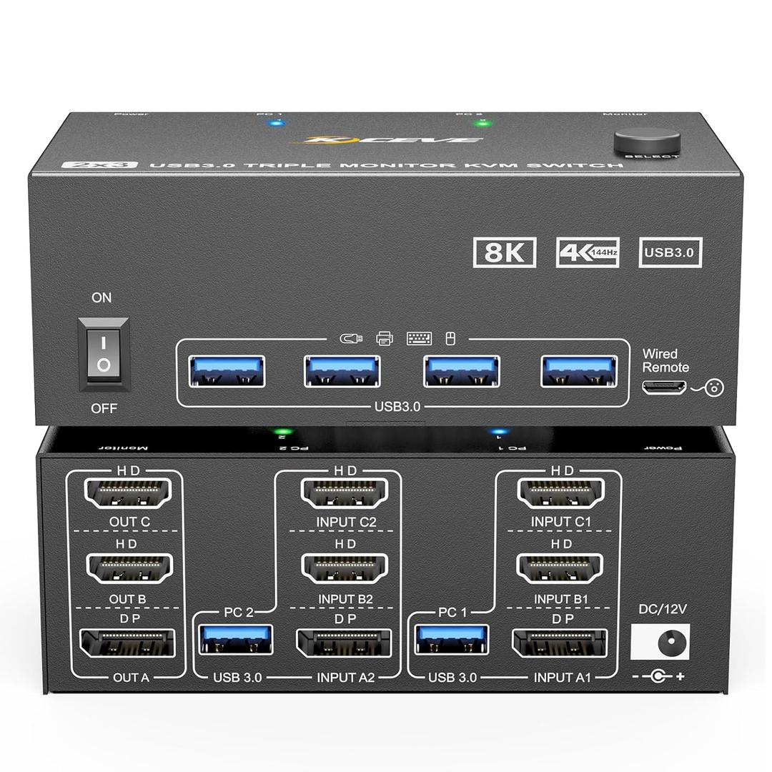 KVM Switch 3 Monitors 2 Computers 8K@60Hz/4K@144Hz, HDMI Displayport KVM Switches for 2 PC Sharing Triple Monitor and Keyboard Mouse with Power Adapter, Wired Extend Controller and USB3.0 Cables