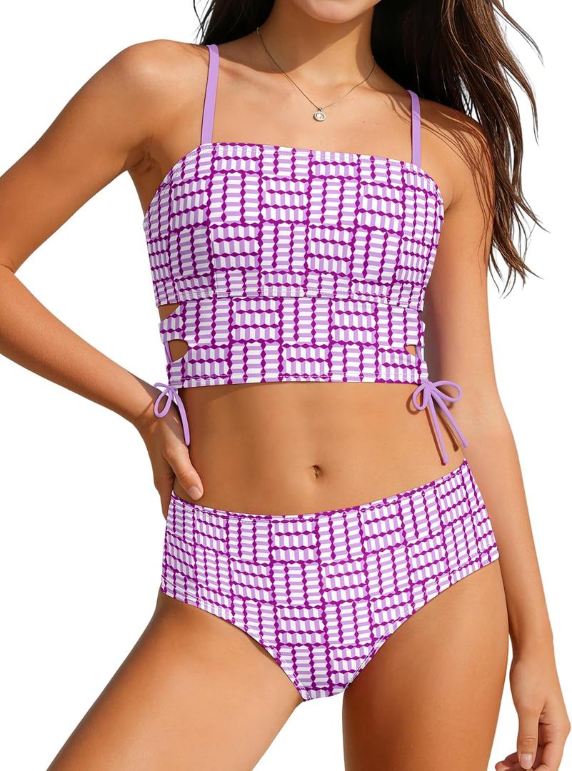 Girls Swimsuits Gingham Cut Out Drawstring Retro Bathing Suits 2 Piece Tankini Swimwear 9-16Y