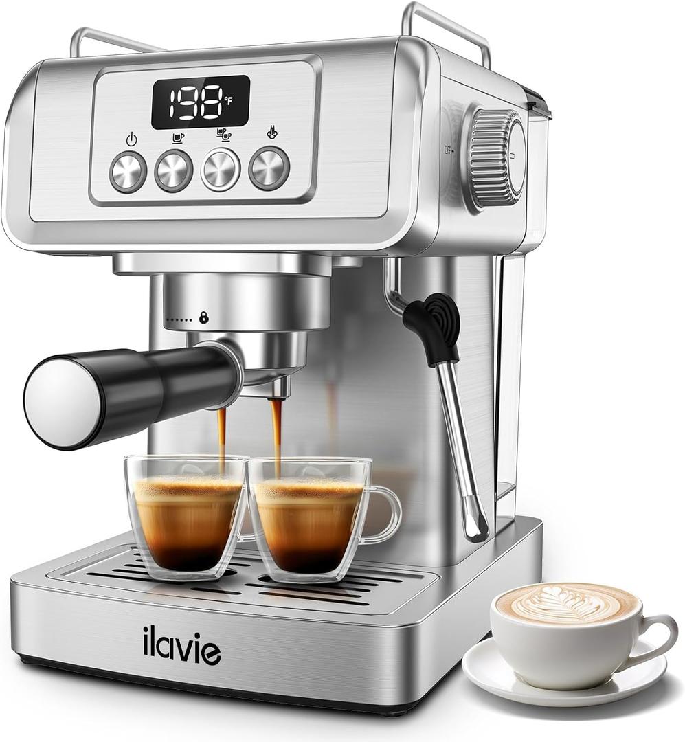 Espresso Machine 20 Bar with LCD Display, 60oz Water Tank, Dual Cup Coffee Maker with 266F Steam Milk Frother, Stainless Steel Coffee Machine for Cappuccino & Latte  Compact & Easy to Use