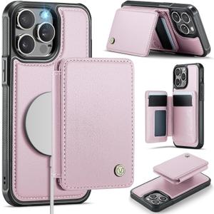 Compatible with Magsafe for iPhone 13 Pro Max Wallet Case Magnetic Card Holder, RFID Blocking 2 in 1 Detachable Kickstand Shockproof Case for Women Men, Pink