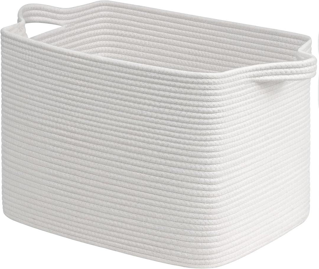 Goodpick Large Woven Basket 18" x 14" x 12" Cotton Rope Storage Baskets for Organizing, Rectangle Blanket Basket for Living Room Bedroom, Toy Baskets Storage Kids, White