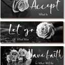 3 Pcs Black White Wall Decor Inspirational Wooden Flower Wall Art White Roses Bathroom Decor with Accept Let Go Have Faith Positive Quotes for Women Living Room Bedroom(White Rose 16X5")