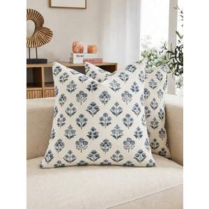 Btyrle Vintage Botanical Throw Pillow Covers Set of 2, 16x16 Inch Cream White Linen Decorative Cushion Covers with Blue Pink Green Floral Print, Rustic Farmhouse Style for Sofa Couch Bed