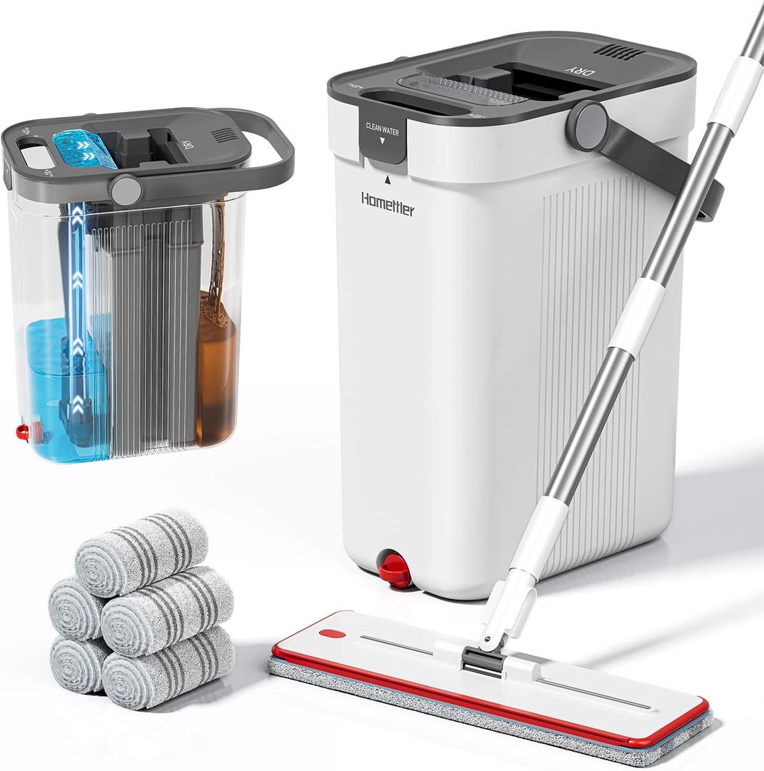 HoMettler Mop and Bucket Set, Flat Mop and Bucket System with Separate Dirty and Clean Water, 3-Compartment Wall Cleaner Mop, Flat Mops for Floor Cleaning with 6 Microfiber Pads