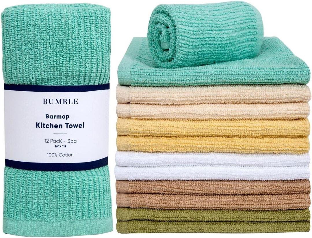 Bumble Deluxe Bar Towels | 16 x 19 Premium Bar Mop for Kitchen | Super Absorbent Kitchen Towels | 100% Cotton Heavy Weight 2-ply Yarn | Ribbed Weave (12 Pack) (SPA)