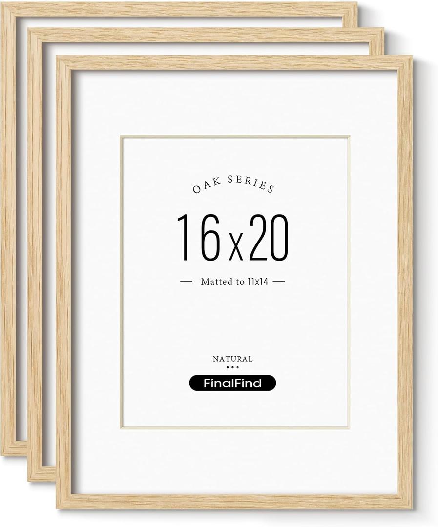 Minimalist 16x20 Frames with Mat for 11x14 Set of 3, Natural Solid Oak Wood 16x20 Frame, Lightweight for Wall Mounting(3 Pack, Oak)