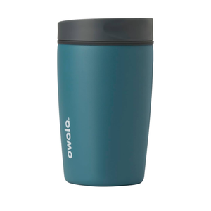 Owala SmoothSip Slider Insulated Stainless Steel Coffee Tumbler, Reusable Iced Coffee Cup, Hot Coffee Travel Mug, BPA Free 12 oz, Grey/Blue (High Dive)