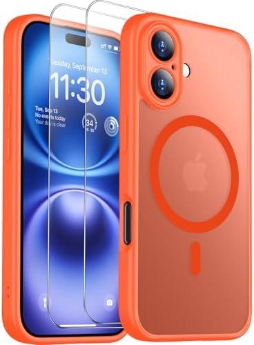 SPIDERCASE Magnetic for iPhone 16 Plus Case,with 2 Pcs [Tempered Glass Screen Protector] Translucent Matte Back Slim Shockproof Protective Phone Case for iPhone 16 Plus 6.7'',Orange 2PACK