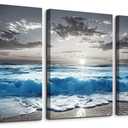 TTHYUEWS Beach Wall Art For Living Room Canvas Wall Decor For Bedroom Office Decorations Blue Sea Wave Paintings Black And White Wall Pictures Artworks Bathroom Canvas Art Modern Home Decor 3 Piece