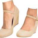 Coutgo Womens Wedge Pumps Dressy Mary Jane Shoes Comfort Wedges Closed Toe Ankle Strap Heeled Shoes (7.5, Nude)