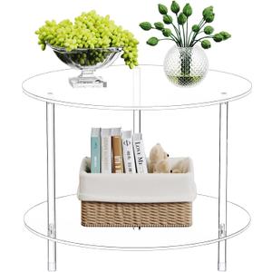 Clear Round Acrylic Coffee Table with Storage, 23.6" L x 23.6" W x 18.4" H, 2 Tier Modern Lucite Center Side End Tables for Living Room, Thicken Sturdy Transparent Circle Accent Tea Table 0041