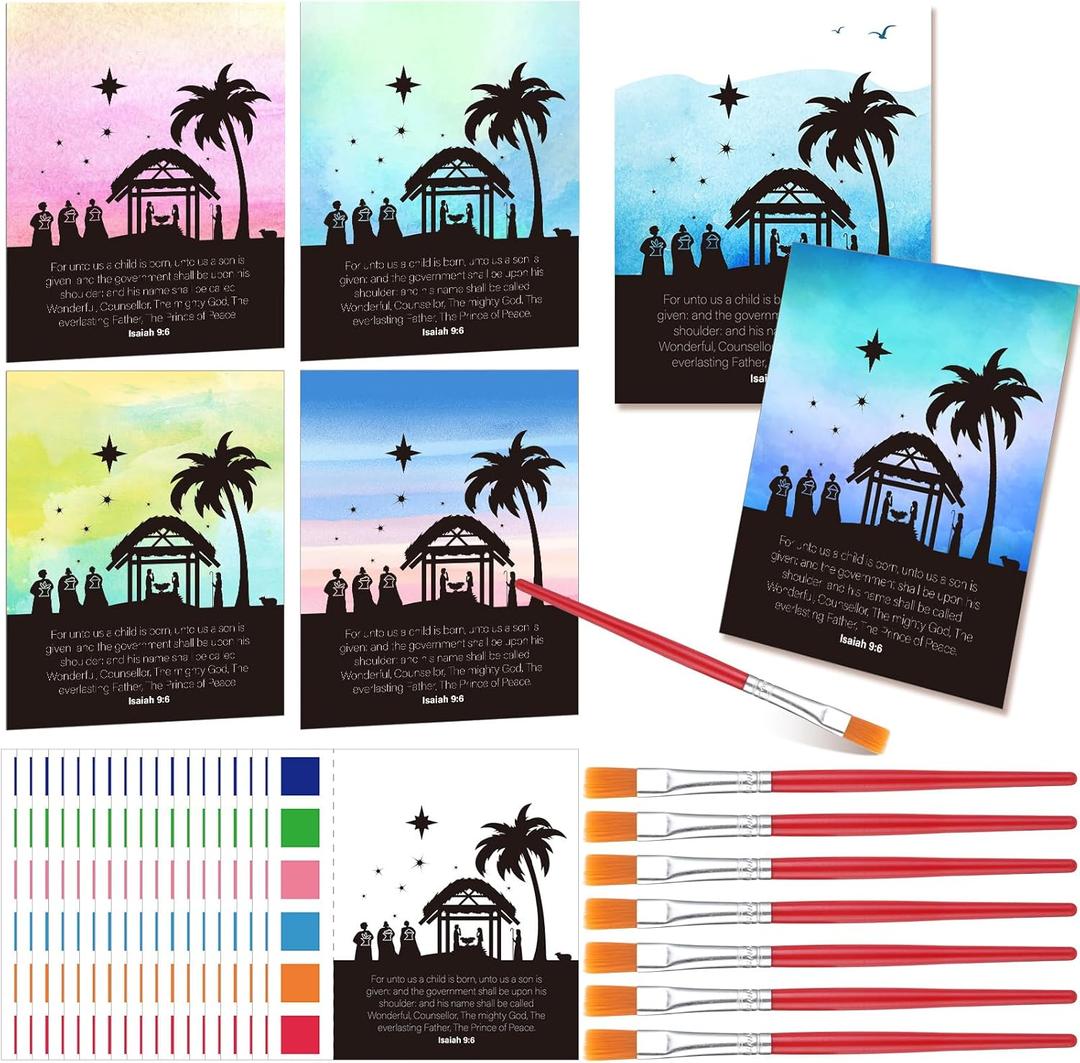 Tenceur 30 Set Christmas Nativity Crafts Nativity Painting Paper with Paintbrushes Christian Art Bible Jesus Craft for DIY Christmas Activities Holiday Party Favors Church Supplies
