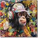 Modern Pop Art Monkey Canvas Wall Art, Street Graffiti Gorilla Canvas Painting, Abstract Banksy Listening To Music Monkey Posters Wall Art Living Kids Room Home Decoration, Ready to Hang 20 x20 IN