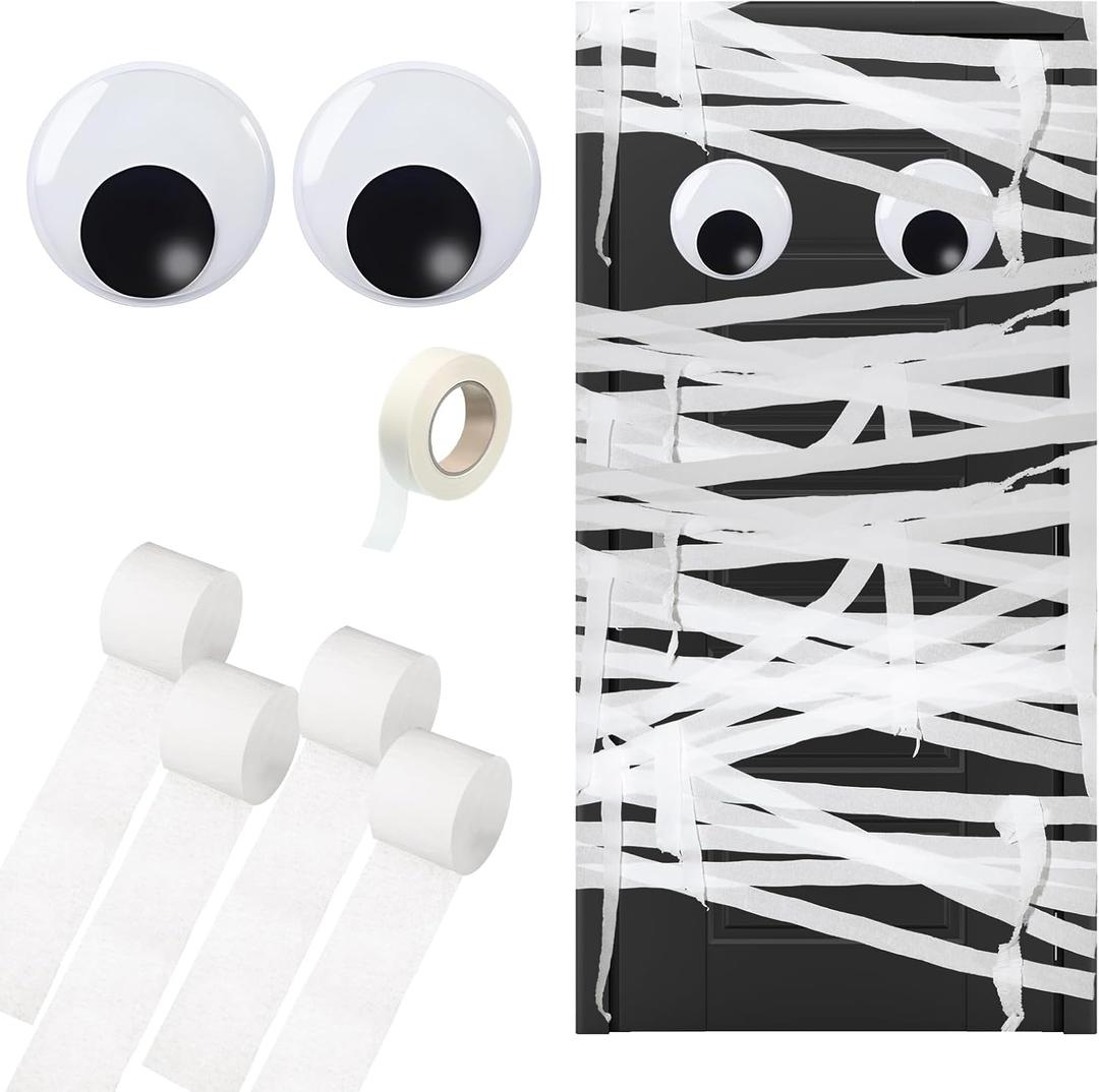 Halloween Mummy Decorating Kit with Large Googly Eyes Crepe Paper Streamers and Masking Tape for Halloween Party Door DIY Decor(White,Non-Luminous)