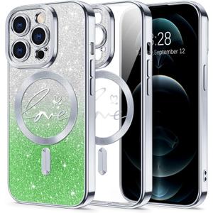 Hython for iPhone 12 Pro Case Glitter, Compatible with MagSafe Love Heart Magnetic Clear Phone Cases for Women Girls, Full Camera Protection Sparkle Plating Shockproof Protective Cover, Silver