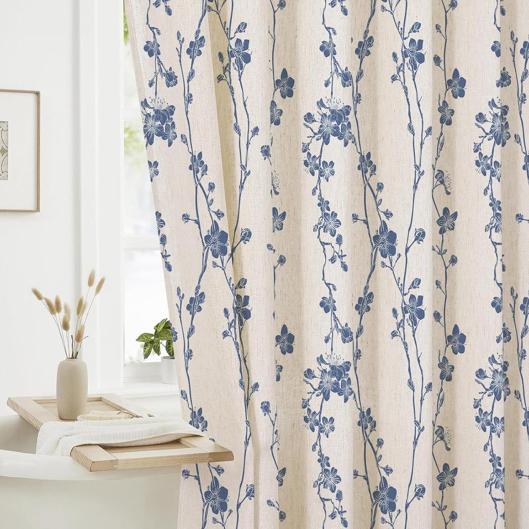Navy Blue Farmhouse Linen Shower Curtain, Boho Floral Fabric, 72 x 72