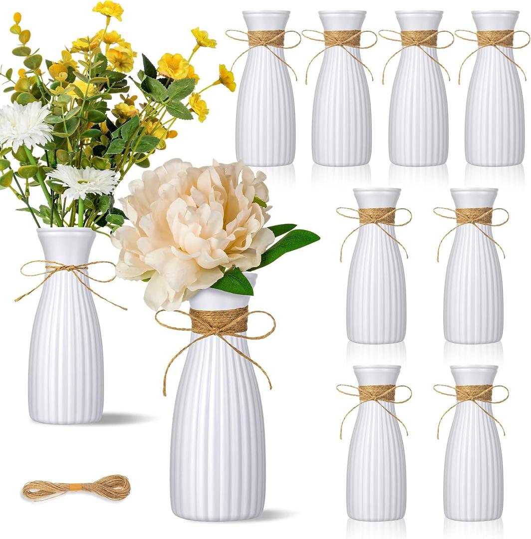 10 Pcs Plastic Flower Bud Vases Bulk with Twines Ropes Small Mini Flower Vases for Centerpieces Decorative Plastic Bottles for Wedding Reception Dining Table Home Decoration (White)