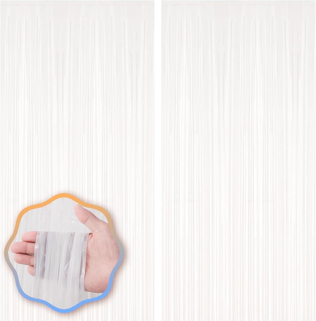 Voircoloria 2 Pack 3.3x8.2 Feet White Foil Fringe Backdrop Curtains, Tinsel Streamers Birthday Party Decorations, Fringe Backdrop for Graduation, Baby Shower, Gender Reveal, Disco Party