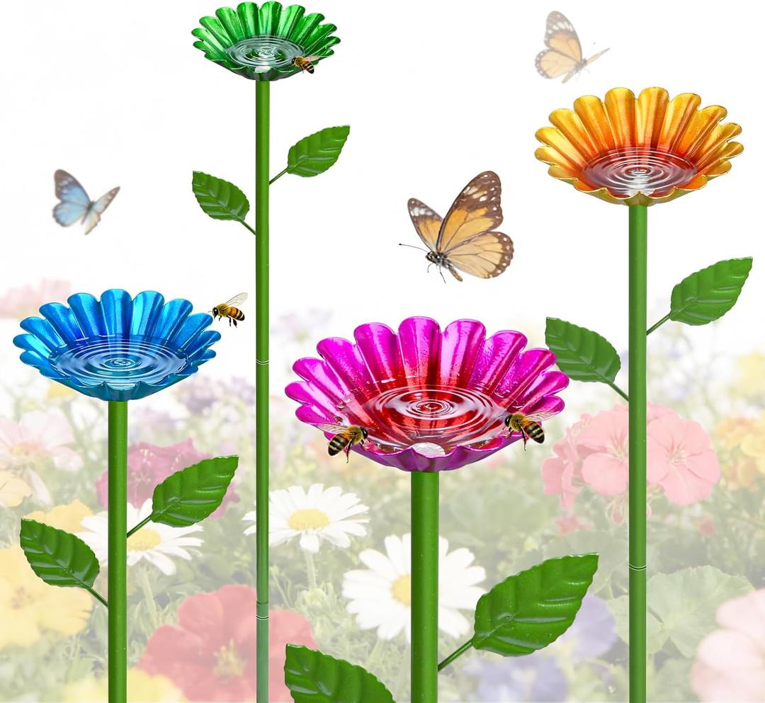 Mellbree Bee Watering Station, 4-Pack Metal Flower Bee Bath for Garden Attract Butterflies & Pollinators Colorful Outdoor Garden Stakes for Yard, Patio, Butterfly Garden Gardening Essentials
