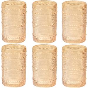 XKXKKE Amber Hobnail Beaded Drinking Glasses Set of 6, 15 oz Vintage Glassware Set Romantic Water Glasses Tumbler, Water Cups, Clear Embossed Glassware Set for Beer, Juice, Cocktail, Soda, Beverages