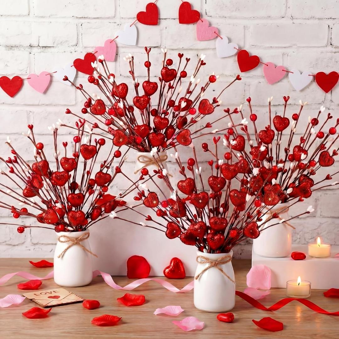 Nitial 4 Pcs Valentine's Day decorations Valentines Day Artificial Flowers Heart Foam Berry Stems Picks Vase Sparkly Picks Branches for Wedding Vase Gift Party Table Centerpiece Anniversary Home Decor