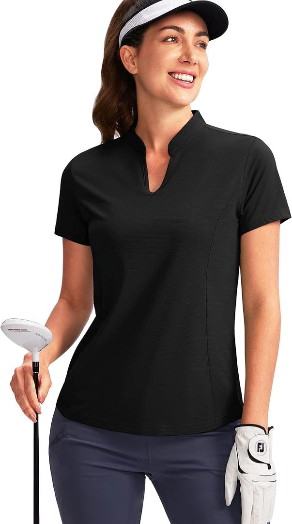 Obla Women's Golf Polo Shirt V-Neck Short Sleeve Collarless Quick Dry Tennis Running T Shirt Golf Tops for Women (Black, M)