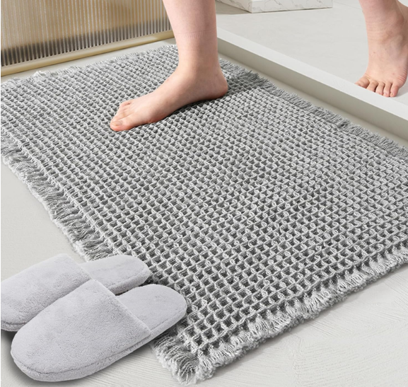 Grey Waffle Bath Mat,Super Absorbent Non Slip Bathroom Rug,Gray 18x30inch,Machine Washable Ultra Soft Floor Mats